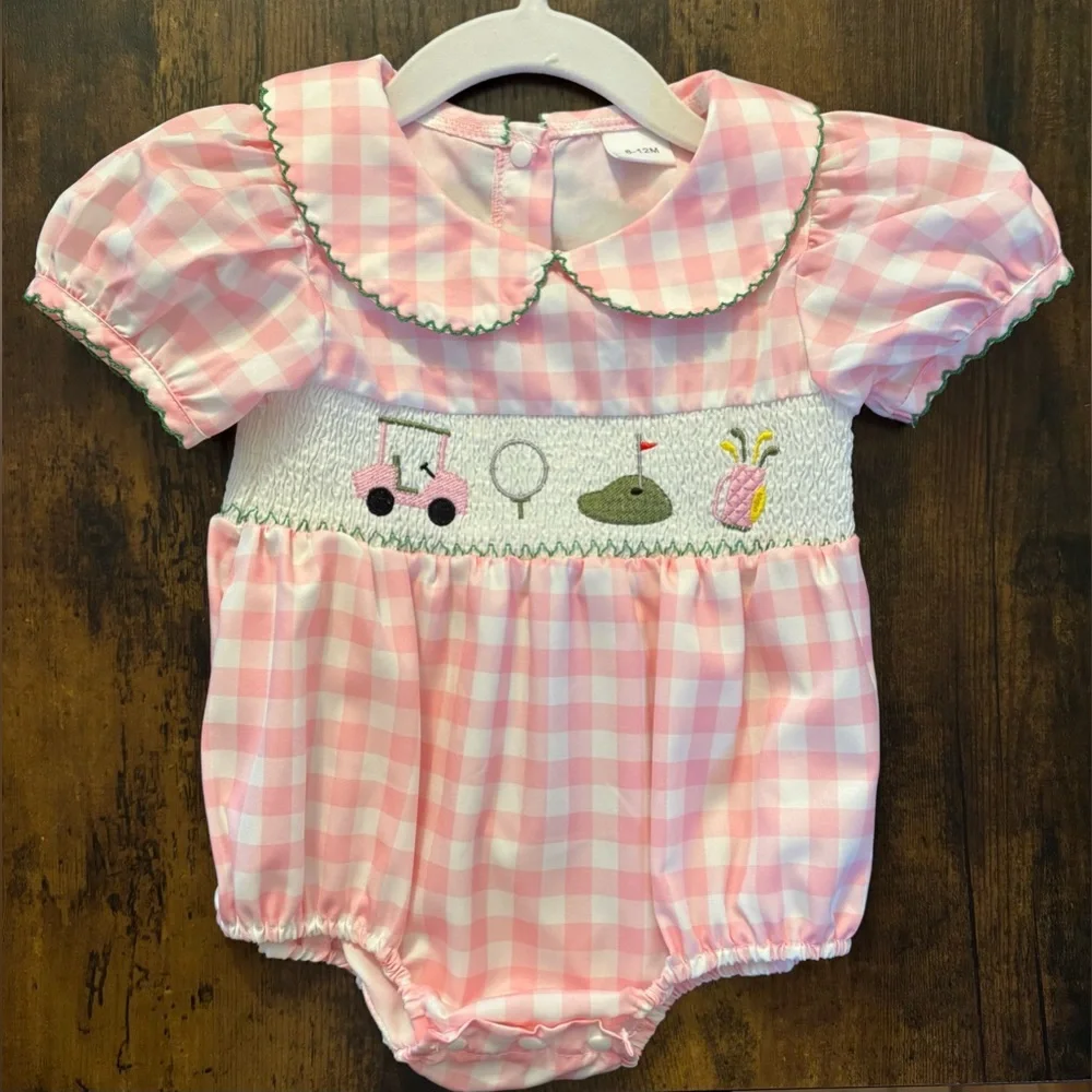 Pink Gingham Golf Themed Baby Romper - Picture 3 of 6